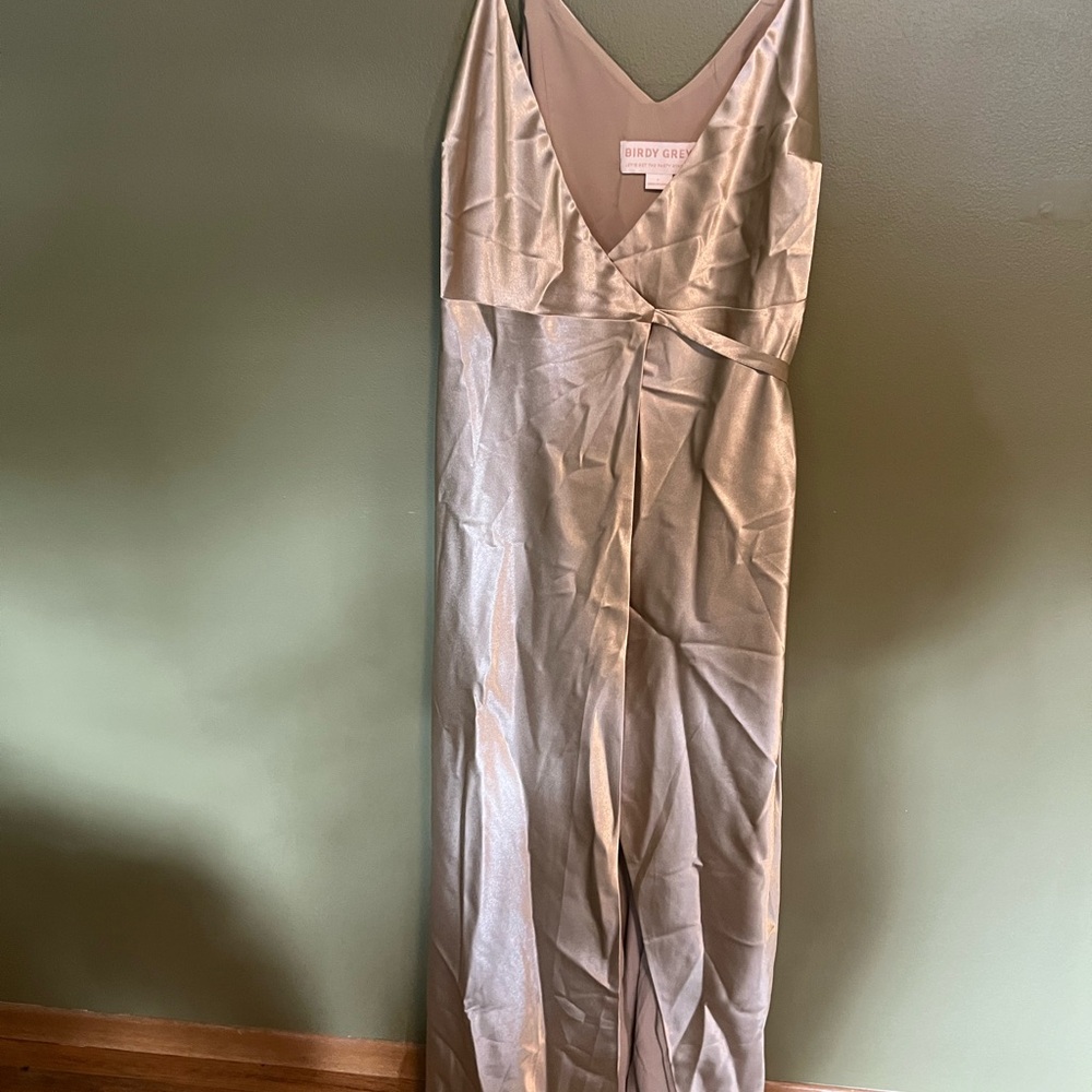 Birdy Grey Neutral Champagne Satin Wrap Dress NWT